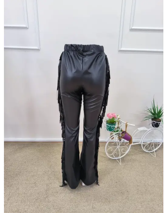 Kadın Yüksek Bel Yanlardan Püsküllü Deri Pantolon