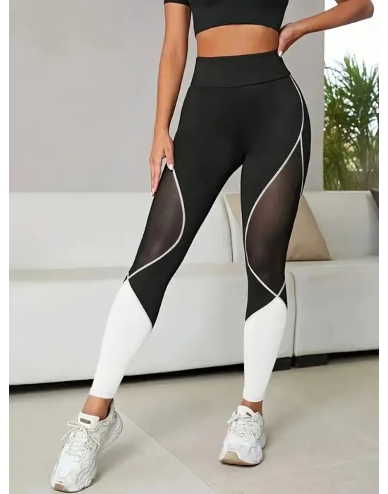 Kadın Yüksek Bel Yanlardan Tül Detaylı çift Renkli Spor Dalgıç Tayt