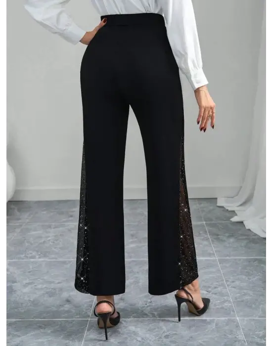 Kadın Yüksek Bel Yanlardan Tül Detaylı Ithal Krep Pantolon