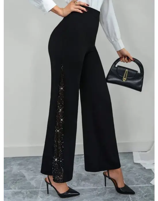 Kadın Yüksek Bel Yanlardan Tül Detaylı Ithal Krep Pantolon