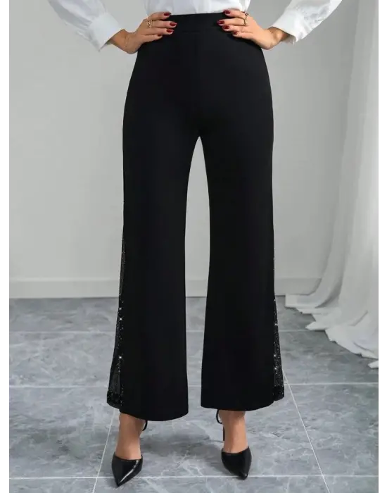 Kadın Yüksek Bel Yanlardan Tül Detaylı Ithal Krep Pantolon