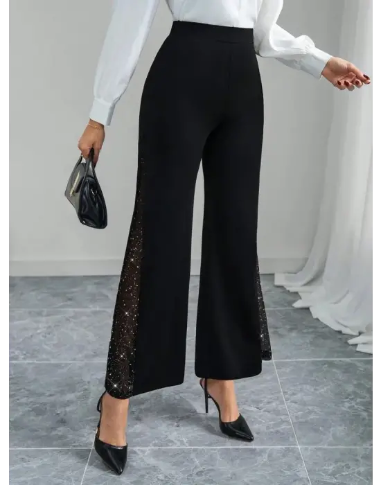 Kadın Yüksek Bel Yanlardan Tül Detaylı Ithal Krep Pantolon