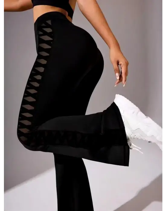 Kadın Yüksek Bel Yanları çapraz Tül Detaylı Dalgıç Tayt