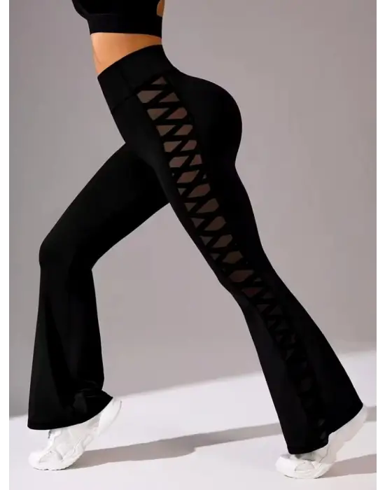 Kadın Yüksek Bel Yanları çapraz Tül Detaylı Dalgıç Tayt