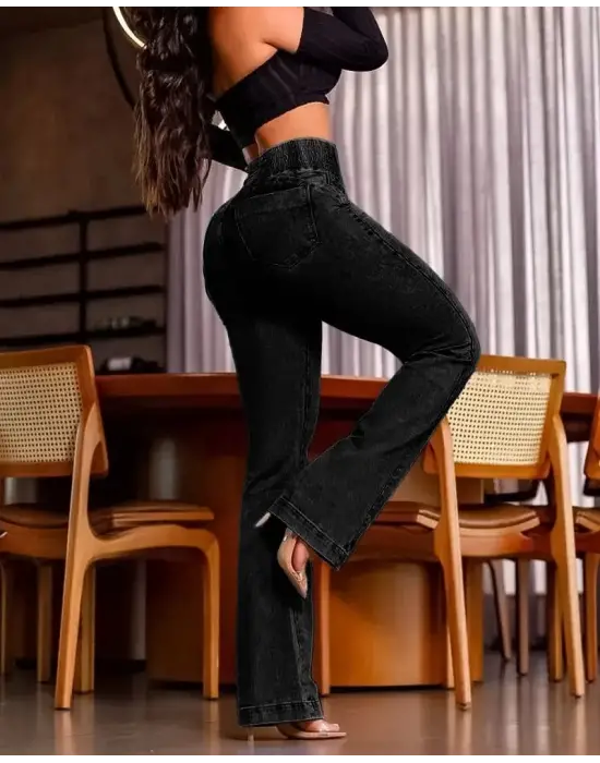 Kadın Yüksek Bel Yanları Lastik önü Düğmeli Kot Pantolon