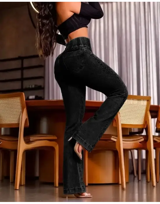 Kadın Yüksek Bel Yanları Lastik önü Düğmeli Kot Pantolon