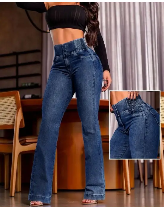 Kadın Yüksek Bel Yanları Lastik önü Düğmeli Kot Pantolon