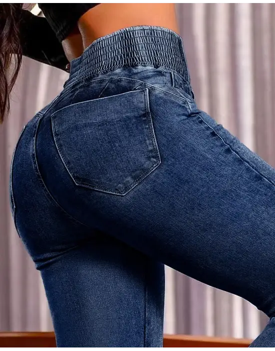 Kadın Yüksek Bel Yanları Lastik önü Düğmeli Kot Pantolon