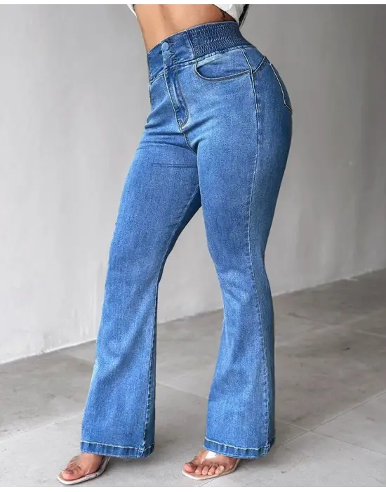 Kadın Yüksek Bel Yanları Lastik önü Düğmeli Kot Pantolon