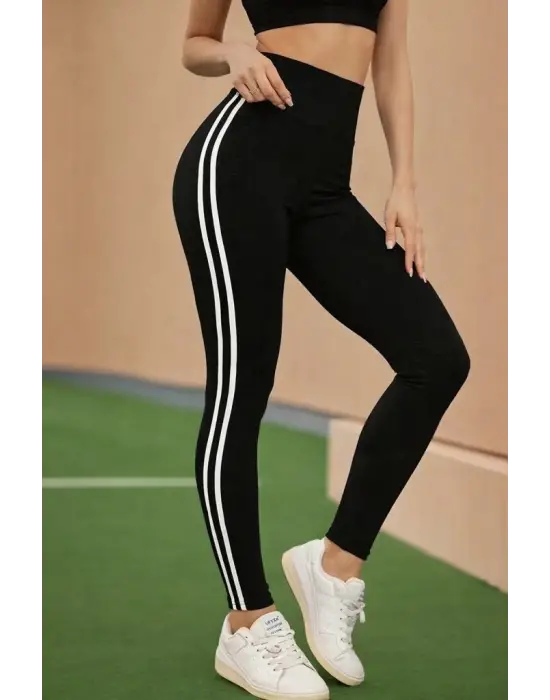 Kadın Yüksek Bel Yanları şerit Detaylı Uzun Sporcu Tayt