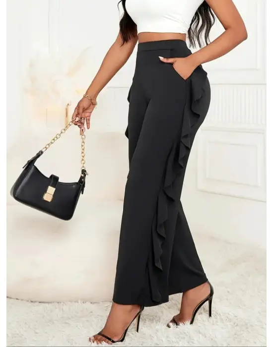 Kadın Yüksek Bel Yanları Volanlı Cepli Sandy Pantolon