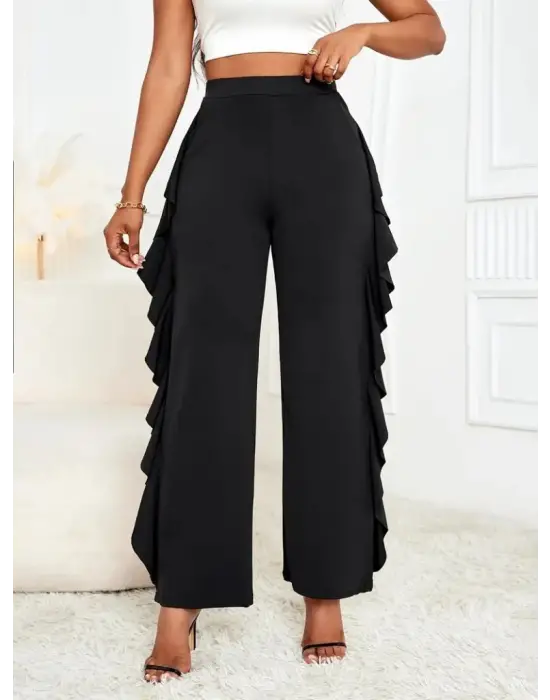 Kadın Yüksek Bel Yanları Volanlı Cepli Sandy Pantolon