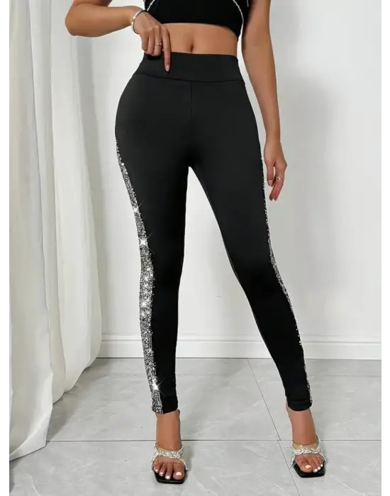 Kadın Yüksek Bel Yarı şerit Pul Payetli Dalgıç Tayt