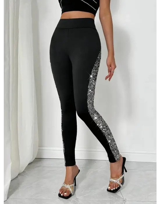 Kadın Yüksek Bel Yarı şerit Pul Payetli Dalgıç Tayt