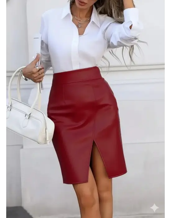 Kadın Yüksek Bel Yırtmaçlı Mini Deri Etek