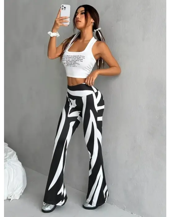Kadın Yüksek Bel Zebra Desenli Dalgıç Tayt