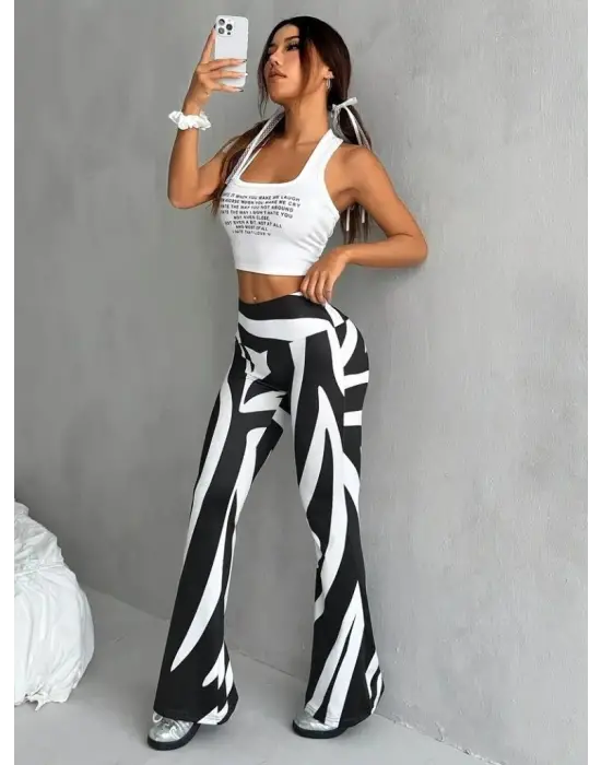 Kadın Yüksek Bel Zebra Desenli Dalgıç Tayt