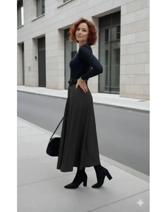 Kadın Yüksek Belli Maxi Deri Kemersiz Etek