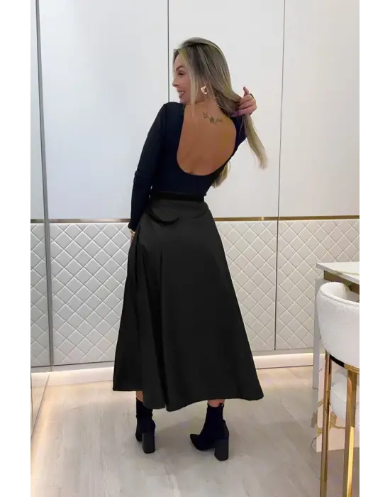 Kadın Yüksek Belli Maxi Deri Kemersiz Etek