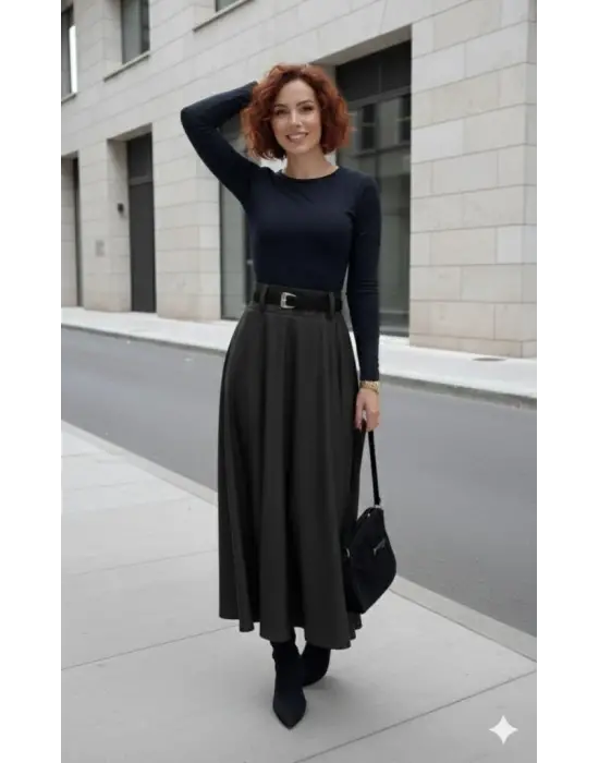 Kadın Yüksek Belli Maxi Deri Kemersiz Etek