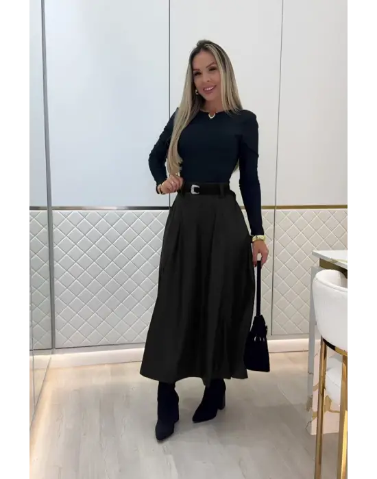 Kadın Yüksek Belli Maxi Deri Kemersiz Etek