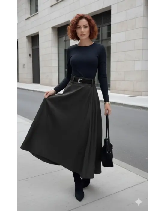 Kadın Yüksek Belli Maxi Deri Kemersiz Etek