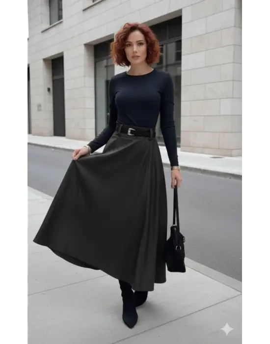 Kadın Yüksek Belli Maxi Deri Kemersiz Etek