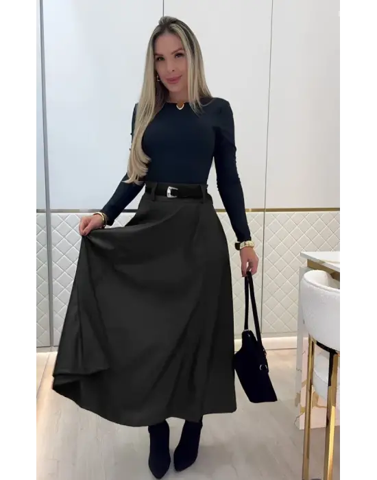 Kadın Yüksek Belli Maxi Deri Kemersiz Etek