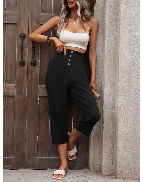 Kadın Yüksek Belli önden Düğmeli Ithal Keten Pantolon