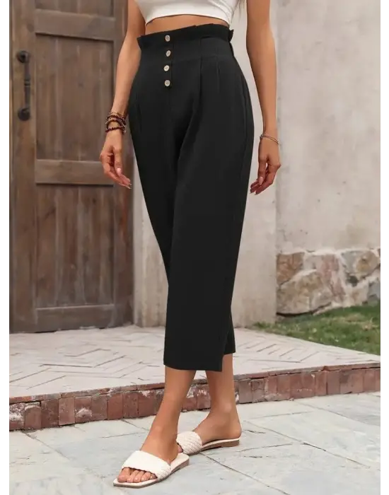 Kadın Yüksek Belli önden Düğmeli Ithal Keten Pantolon
