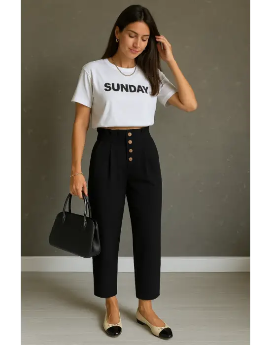 Kadın Yüksek Belli önden Düğmeli Ithal Keten Pantolon