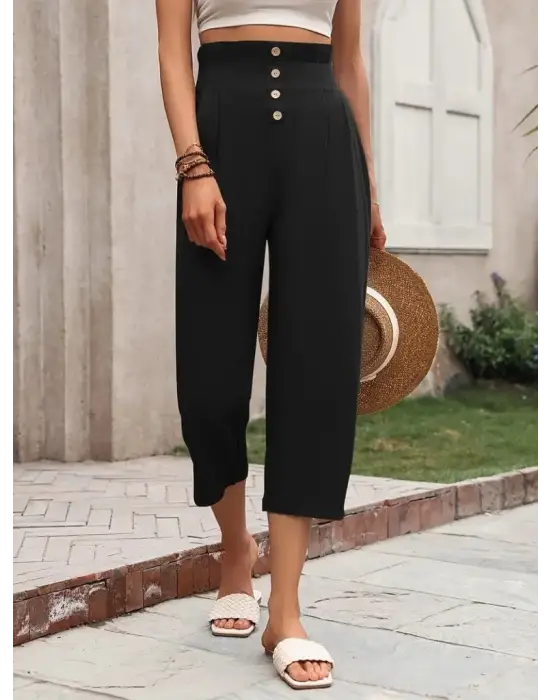 Omarı Yüksek Bel Düğmeli Keten Pantolon - Şık ve Rahat Stil!