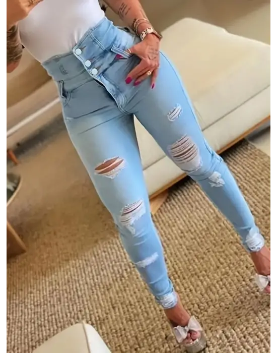 Kadın Yüksek Belli önden Düğmeli Yırtık Detaylı Kot Pantolon