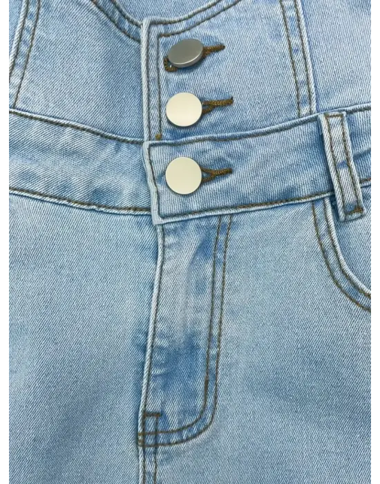 Kadın Yüksek Belli önden Düğmeli Yırtık Detaylı Kot Pantolon