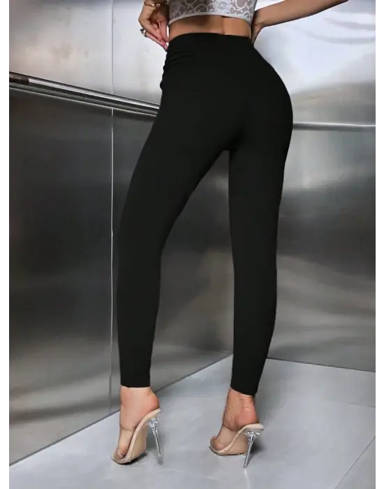 Kadın Yüksek Belli önden Fermuar Ve Nervur Detaylı Dalgıç Tayt