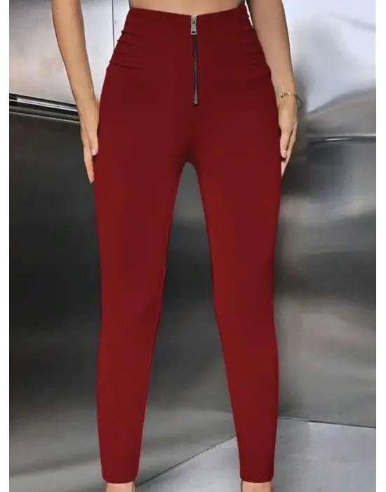 Kadın Yüksek Belli önden Fermuar Ve Nervur Detaylı Dalgıç Tayt