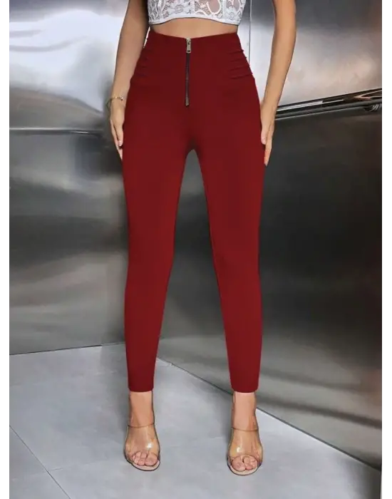 Kadın Yüksek Belli önden Fermuar Ve Nervur Detaylı Dalgıç Tayt