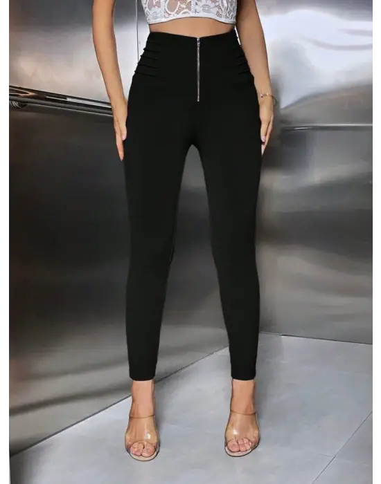 Kadın Yüksek Belli önden Fermuar Ve Nervur Detaylı Dalgıç Tayt