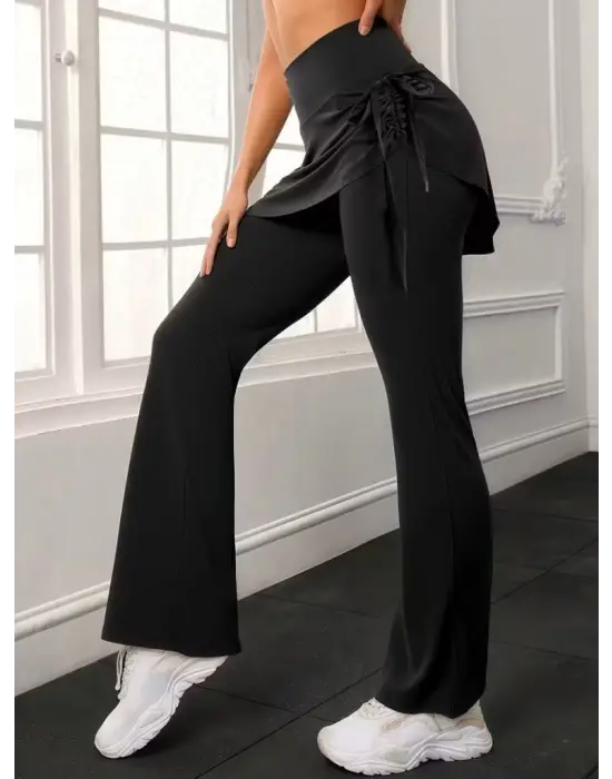 Kadın Yüksek Belli Yandan Büzgülü Paçaya Doğru Geniş Dalgıç Tayt