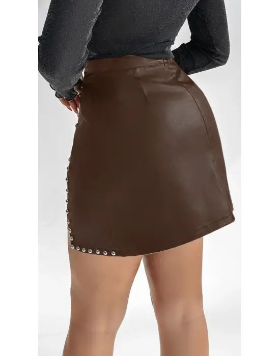 Kadın Yüksek Belli Yandan çivili Mini Deri Etek