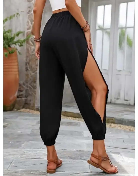 Kadın Yüksek Belli Yanlardan çapraz Detay Yırtmaçlı Viskon Pantolon