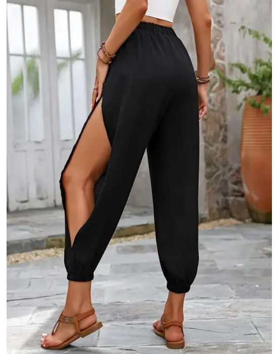 Kadın Yüksek Belli Yanlardan çapraz Detay Yırtmaçlı Viskon Pantolon