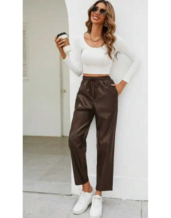 Kadın Yüksel Bel Bağcıklı Deri Pantolon
