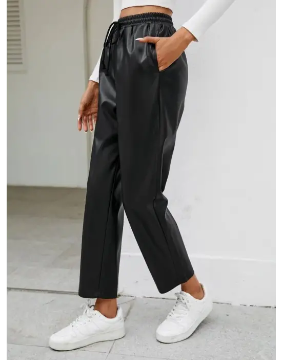 Kadın Yüksel Bel Bağcıklı Deri Pantolon