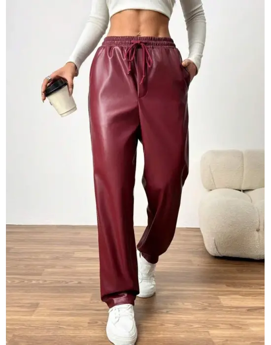 Kadın Yüksel Bel Bağcıklı Deri Pantolon