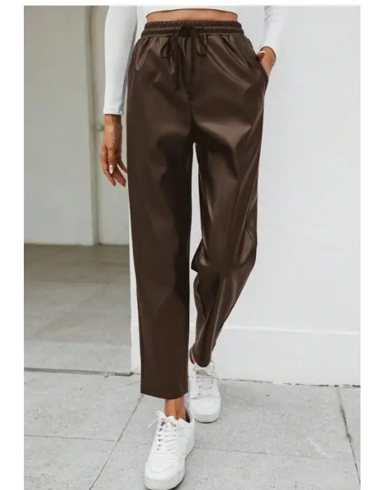 Kadın Yüksel Bel Bağcıklı Deri Pantolon