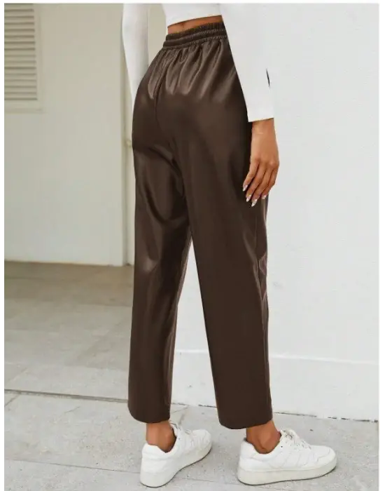 Kadın Yüksel Bel Bağcıklı Deri Pantolon