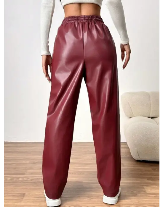 Kadın Yüksel Bel Bağcıklı Deri Pantolon