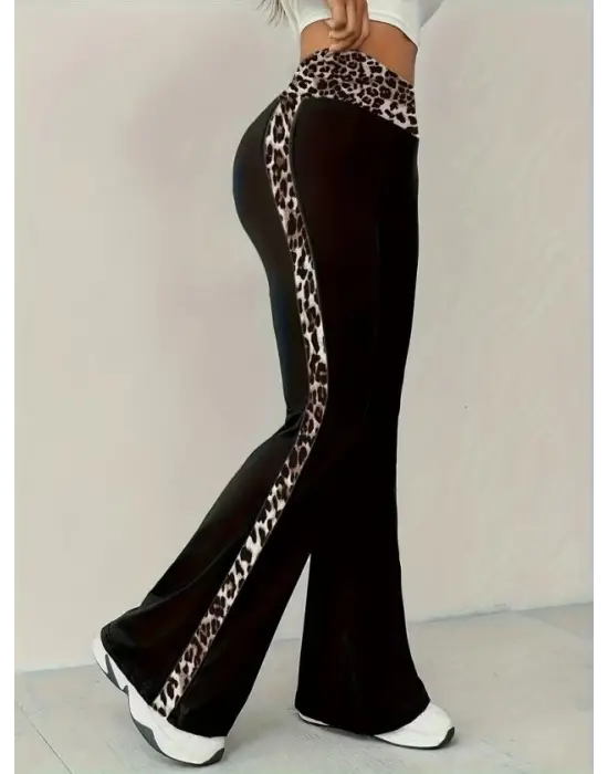 Kadın Yüksel Bel Leopar Desen Detaylı Ispanyol Paçalı Dalgıç Pantolon
