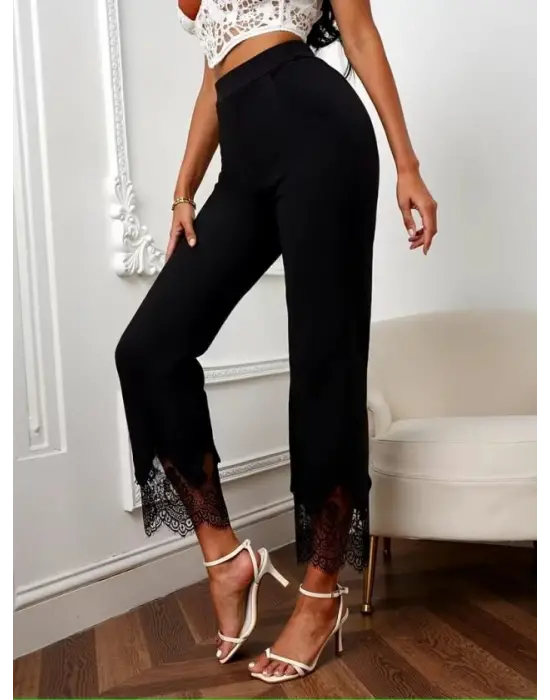 Kadın Yüksel Bel Paça Ağzı Dantelli Dalgıç Pantolon